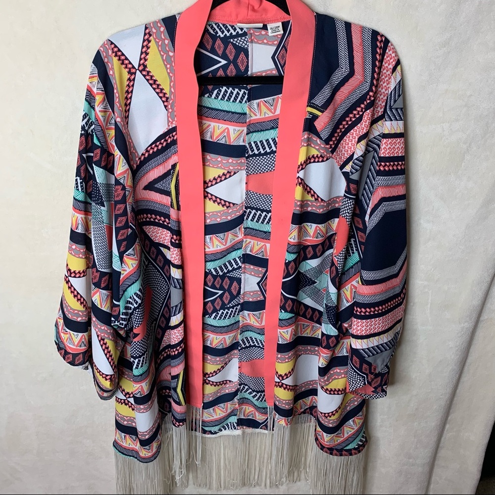 CATO Fringe Print Kimono